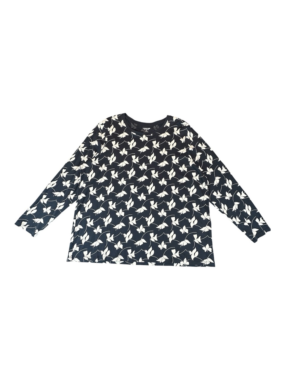 Lands End Supima Cotton Top Women 1X Gray Ivory Floral Relaxed Long Sleeve Shirt